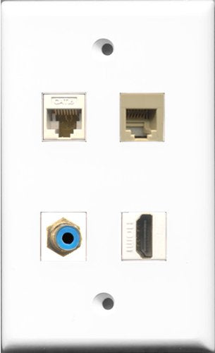 RiteAV 1 Port HDMI and 1 Port RCA Blue and 1 Port Phone RJ11 RJ12 Beige and 1 Port Cat6 Ethernet White Wall Plate