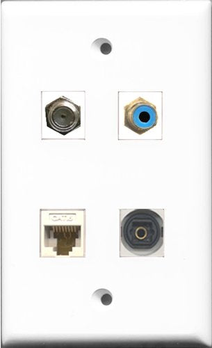 RiteAV 1 Port RCA Blue and 1 Port Coax Cable TV- F-Type and 1 Port Toslink and 1 Port Cat6 Ethernet White Wall Plate