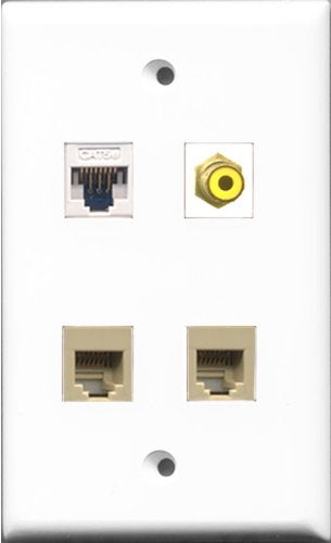 RiteAV 1 Port RCA Yellow 2 Port Phone RJ11 RJ12 Beige and 1 Port Cat5e Ethernet White Wall Plate