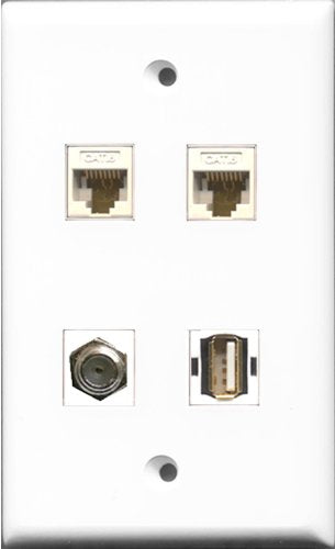 RiteAV 1 Port Coax Cable TV- F-Type and 1 Port USB A-A 2 Port Cat6 Ethernet White Wall Plate