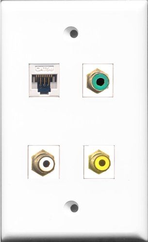RiteAV 1 Port RCA White and 1 Port RCA Yellow and 1 Port RCA Green and 1 Port Cat5e Ethernet White Wall Plate