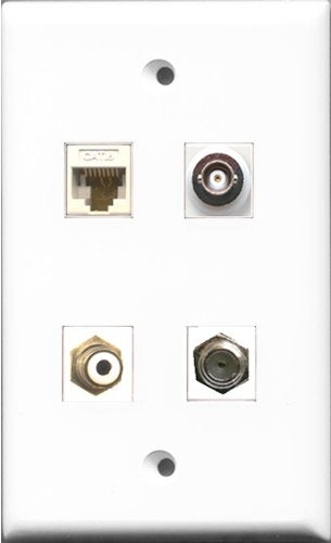 RiteAV 1 Port RCA White and 1 Port Coax Cable TV- F-Type and 1 Port BNC and 1 Port Cat6 Ethernet White Wall Plate