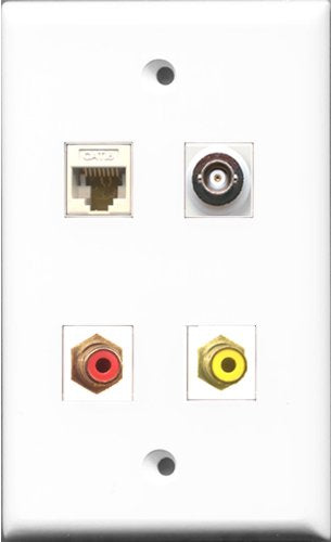 RiteAV 1 Port RCA Red and 1 Port RCA Yellow and 1 Port BNC and 1 Port Cat6 Ethernet White Wall Plate