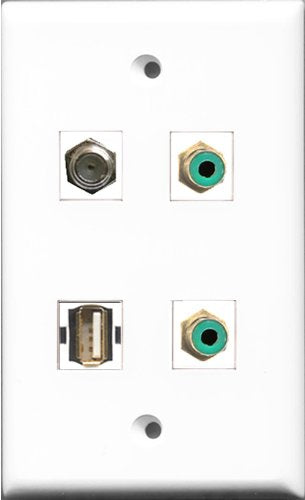 RiteAV - 2 Port RCA Green and 1 Port Coax Cable TV- F-Type and 1 Port Shielded Cat6 Ethernet Wall Plate