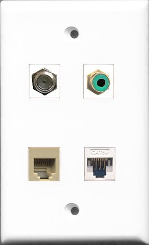 RiteAV 1 Port RCA Green and 1 Port Coax Cable TV- F-Type and 1 Port Phone RJ11 RJ12 Beige and 1 Port Cat5e Ethernet White Wall Plate