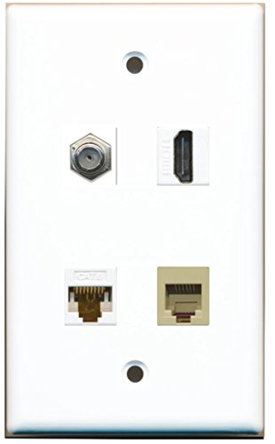 RiteAV 1 Port HDMI and 1 Port Coax Cable TV- F-Type and 1 Port Phone RJ11 RJ12 Beige and 1 Port Cat6 Ethernet White Wall Plate