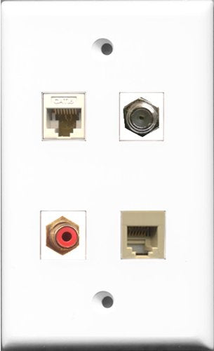 RiteAV 1 Port RCA Red and 1 Port Coax Cable TV- F-Type and 1 Port Phone RJ11 RJ12 Beige and 1 Port Cat6 Ethernet White Wall Plate