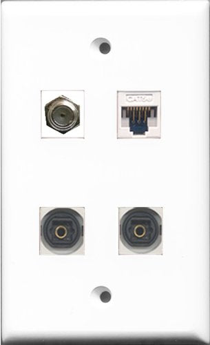 RiteAV 1 Port Coax Cable TV- F-Type 2 Port Toslink and 1 Port Cat5e Ethernet White Wall Plate