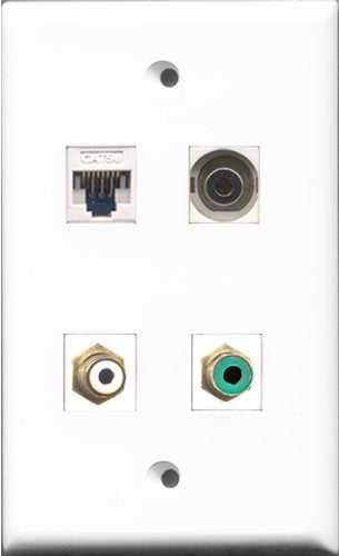 RiteAV - 1 Port RCA White and 1 Port RCA Green and 1 Port 3.5mm and 1 Port Cat5e Ethernet White Wall Plate