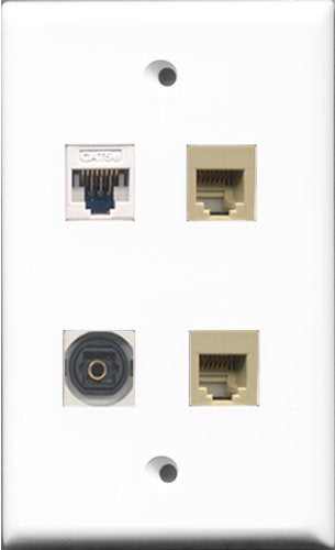 RiteAV - 2 Port Phone RJ11 RJ12 Beige and 1 Port Toslink and 1 Port Cat5e Ethernet White Wall Plate