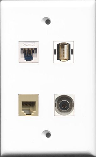 RiteAV 1 Port USB A-A and 1 Port Phone RJ11 RJ12 Beige and 1 Port 3.5mm and 1 Port Cat5e Ethernet White Wall Plate