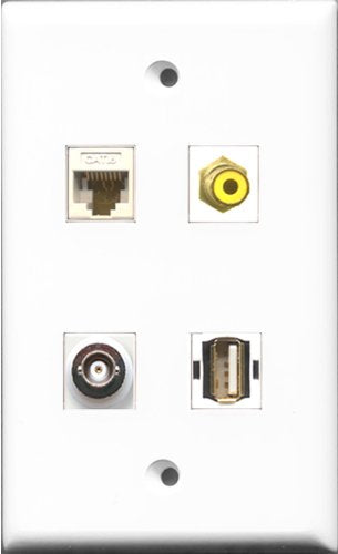 RiteAV 1 Port RCA Yellow and 1 Port USB A-A and 1 Port BNC and 1 Port Cat6 Ethernet White Wall Plate