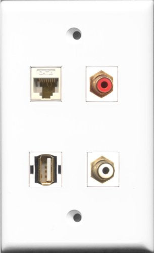 RiteAV 1 Port RCA Red and 1 Port RCA White and 1 Port USB A-A and 1 Port Cat6 Ethernet White Wall Plate