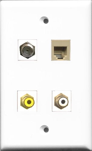 RiteAV 1 Port RCA White and 1 Port RCA Yellow and 1 Port Coax Cable TV- F-Type and 1 Port Phone RJ11 RJ12 Beige Wall Plate