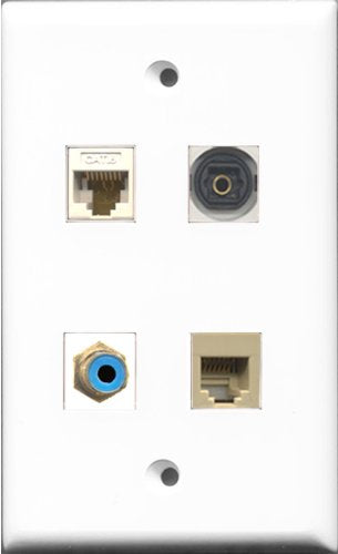 RiteAV 1 Port RCA Blue and 1 Port Phone RJ11 RJ12 Beige and 1 Port Toslink and 1 Port Cat6 Ethernet White Wall Plate
