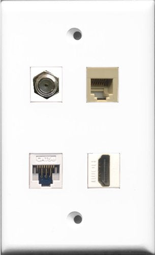 RiteAV 1 Port HDMI and 1 Port Coax Cable TV- F-Type and 1 Port Phone RJ11 RJ12 Beige and 1 Port Cat5e Ethernet White Wall Plate
