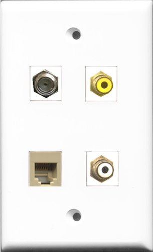RiteAV 1 Port RCA White and 1 Port RCA Yellow and 1 Port Coax Cable TV- F-Type and 1 Port Phone RJ11 RJ12 Beige Wall Plate