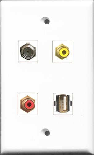 RiteAV 1 Port RCA Red and 1 Port RCA Yellow and 1 Port Coax Cable TV- F-Type and 1 Port USB A-A Wall Plate
