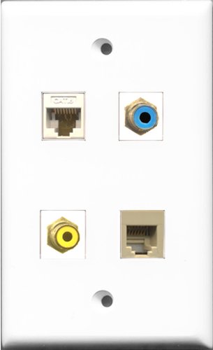 RiteAV 1 Port RCA Yellow and 1 Port RCA Blue and 1 Port Phone RJ11 RJ12 Beige and 1 Port Cat6 Ethernet White Wall Plate