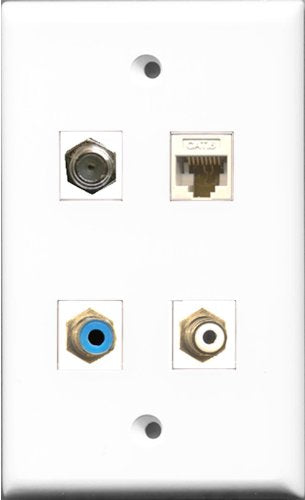RiteAV 1 Port RCA White and 1 Port RCA Blue and 1 Port Coax Cable TV- F-Type and 1 Port Cat6 Ethernet White Wall Plate