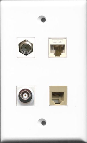 RiteAV 1 Port Coax Cable TV- F-Type and 1 Port Phone RJ11 RJ12 Beige and 1 Port BNC and 1 Port Cat6 Ethernet White Wall Plate