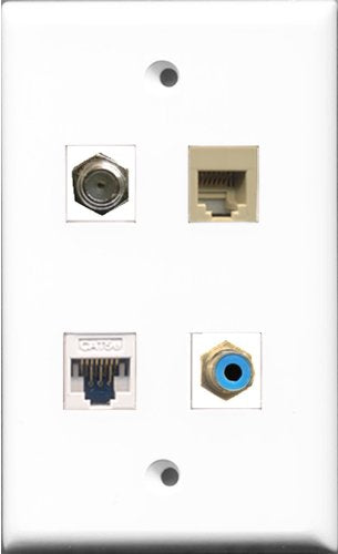 RiteAV 1 Port RCA Blue and 1 Port Coax Cable TV- F-Type and 1 Port Phone RJ11 RJ12 Beige and 1 Port Cat5e Ethernet White Wall Plate
