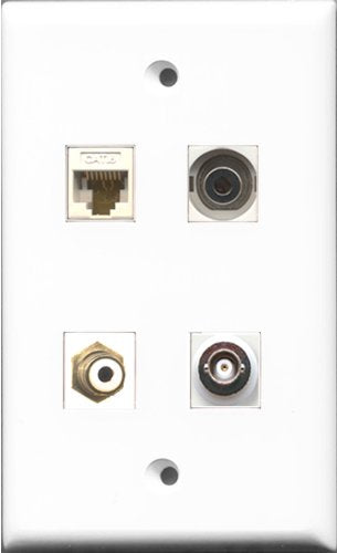 RiteAV 1 Port RCA White and 1 Port 3.5mm and 1 Port BNC and 1 Port Cat6 Ethernet White Wall Plate