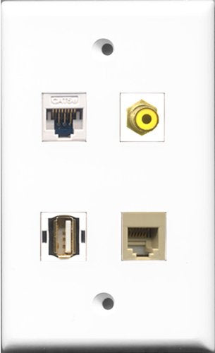 RiteAV 1 Port RCA Yellow and 1 Port USB A-A and 1 Port Phone RJ11 RJ12 Beige and 1 Port Cat5e Ethernet White Wall Plate