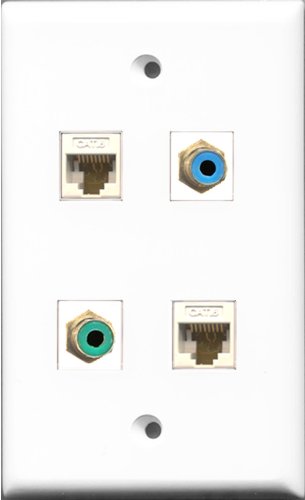 RiteAV 1 Port RCA Green and 1 Port RCA Blue 2 Port Cat6 Ethernet White Wall Plate