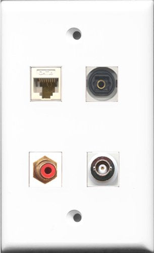 RiteAV 1 Port RCA Red and 1 Port Toslink and 1 Port BNC and 1 Port Cat6 Ethernet White Wall Plate