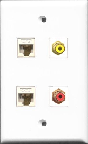 RiteAV 1 Port RCA Red and 1 Port RCA Yellow 2 Port Cat6 Ethernet White Wall Plate