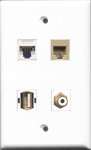 RiteAV 1 Port RCA White and 1 Port USB A-A and 1 Port Phone RJ11 RJ12 Beige and 1 Port Cat5e Ethernet White Wall Plate