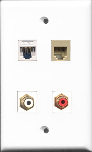RiteAV 1 Port RCA Red and 1 Port RCA White and 1 Port Phone RJ11 RJ12 Beige and 1 Port Cat5e Ethernet White Wall Plate