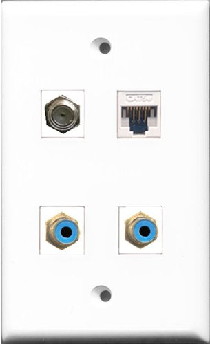 RiteAV - 2 Port RCA Blue and 1 Port Coax Cable TV- F-Type and 1 Port Cat5e Ethernet White Wall Plate