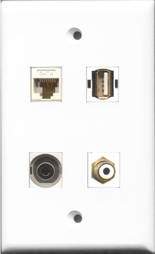 RiteAV 1 Port RCA White and 1 Port USB A-A and 1 Port 3.5mm and 1 Port Cat6 Ethernet White Wall Plate