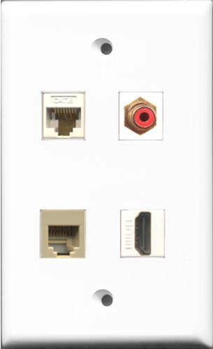 RiteAV 1 Port HDMI and 1 Port RCA Red and 1 Port Phone RJ11 RJ12 Beige and 1 Port Cat6 Ethernet White Wall Plate