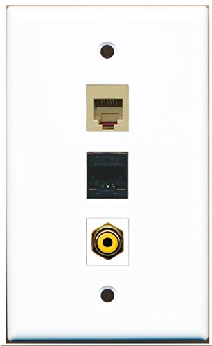 RiteAV - 1 Port RCA Yellow and 1 Port Phone RJ11 RJ12 Beige and 1 Port Cat5e Ethernet Black Wall Plate