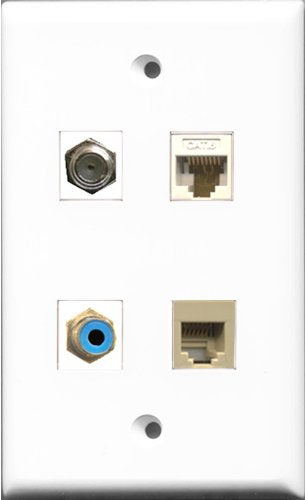 RiteAV 1 Port RCA Blue and 1 Port Coax Cable TV- F-Type and 1 Port Phone RJ11 RJ12 Beige and 1 Port Cat6 Ethernet White Wall Plate