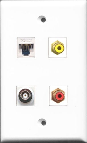 RiteAV 1 Port RCA Red and 1 Port RCA Yellow and 1 Port BNC and 1 Port Cat5e Ethernet White Wall Plate