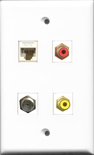RiteAV 1 Port RCA Red and 1 Port RCA Yellow and 1 Port Coax Cable TV- F-Type and 1 Port Cat6 Ethernet White Wall Plate