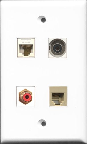 RiteAV 1 Port RCA Red and 1 Port Phone RJ11 RJ12 Beige and 1 Port 3.5mm and 1 Port Cat6 Ethernet White Wall Plate