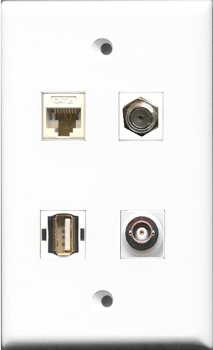 RiteAV 1 Port Coax Cable TV- F-Type and 1 Port USB A-A and 1 Port BNC and 1 Port Cat6 Ethernet White Wall Plate