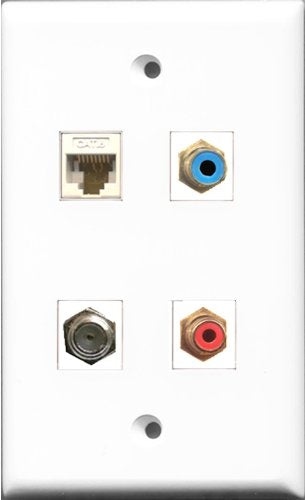 RiteAV 1 Port RCA Red and 1 Port RCA Blue and 1 Port Coax Cable TV- F-Type and 1 Port Cat6 Ethernet White Wall Plate