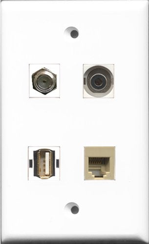 RiteAV 1 Port Coax Cable TV- F-Type and 1 Port USB A-A and 1 Port Phone RJ11 RJ12 Beige and 1 Port 3.5mm Wall Plate