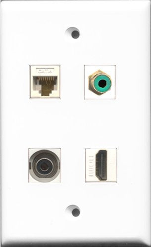 RiteAV 1 Port HDMI and 1 Port RCA Green and 1 Port 3.5mm and 1 Port Cat6 Ethernet White Wall Plate
