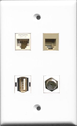 RiteAV 1 Port Coax Cable TV- F-Type and 1 Port USB A-A and 1 Port Phone RJ11 RJ12 Beige and 1 Port Cat6 Ethernet White Wall Plate