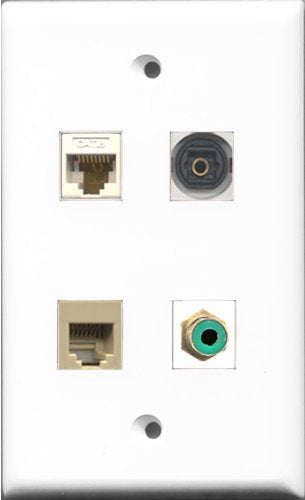 RiteAV 1 Port RCA Green and 1 Port Phone RJ11 RJ12 Beige and 1 Port Toslink and 1 Port Cat6 Ethernet White Wall Plate