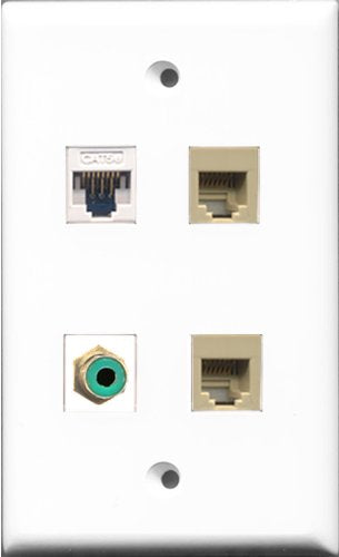 RiteAV 1 Port RCA Green 2 Port Phone RJ11 RJ12 Beige and 1 Port Cat5e Ethernet White Wall Plate