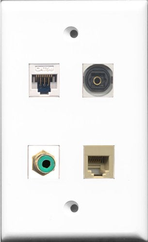 RiteAV 1 Port RCA Green and 1 Port Phone RJ11 RJ12 Beige and 1 Port Toslink and 1 Port Cat5e Ethernet White Wall Plate