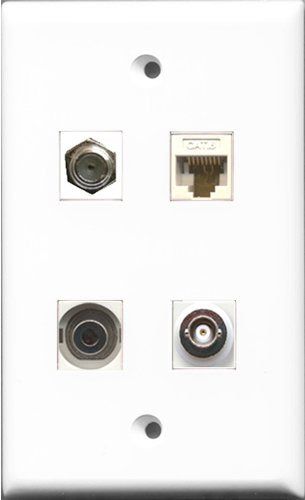 RiteAV 1 Port Coax Cable TV- F-Type and 1 Port 3.5mm and 1 Port BNC and 1 Port Cat6 Ethernet White Wall Plate